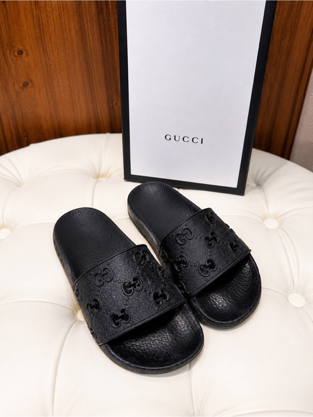 Gucci Black Embossed GG Slide Sandals